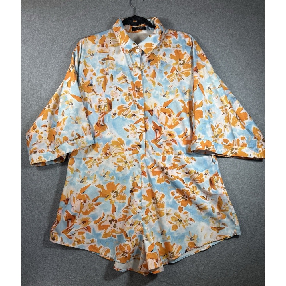 Micas Womens Floral Collared Button Front 3/4 Sleeve Romper Size XL